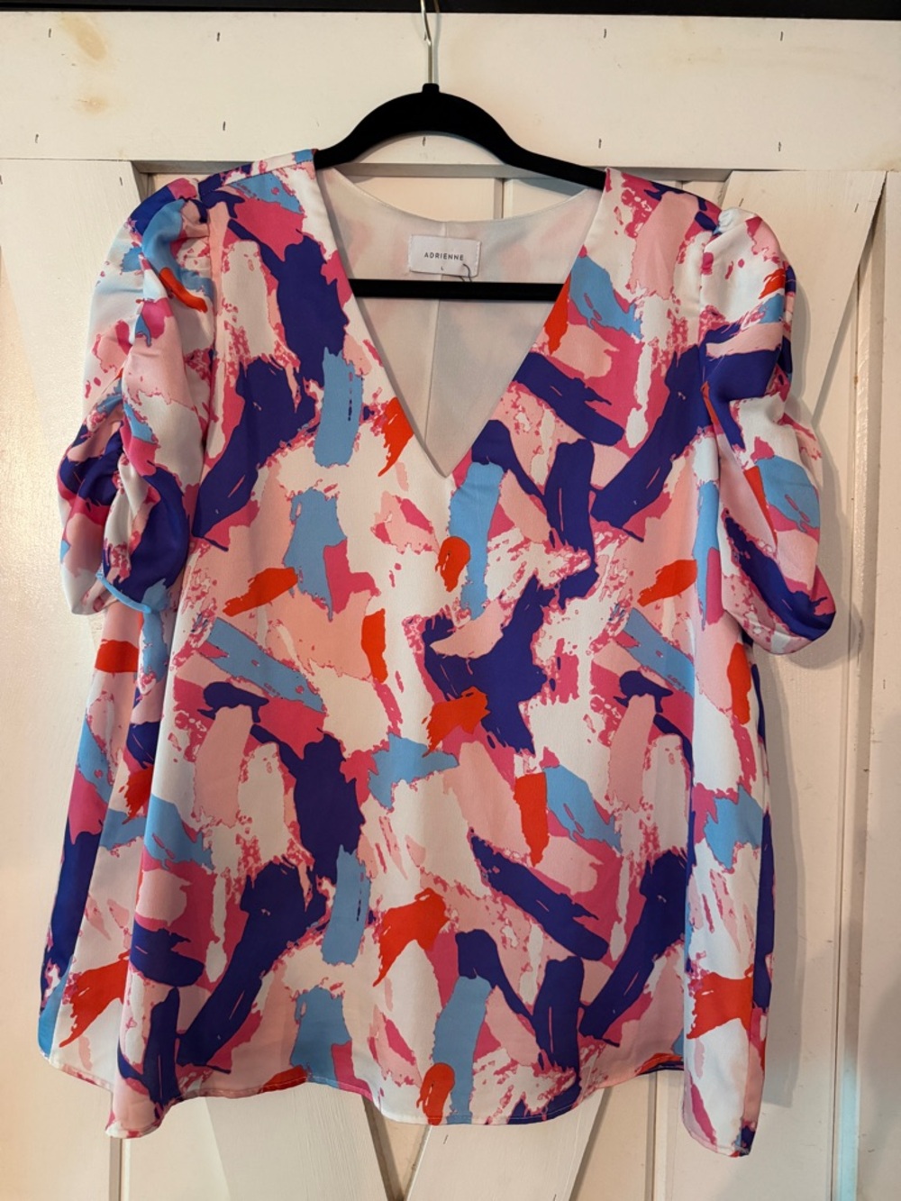 Adrienne Multicolor V-Neck Puff Sleeve Blouse - Pink, Blue & Purple Brushprint